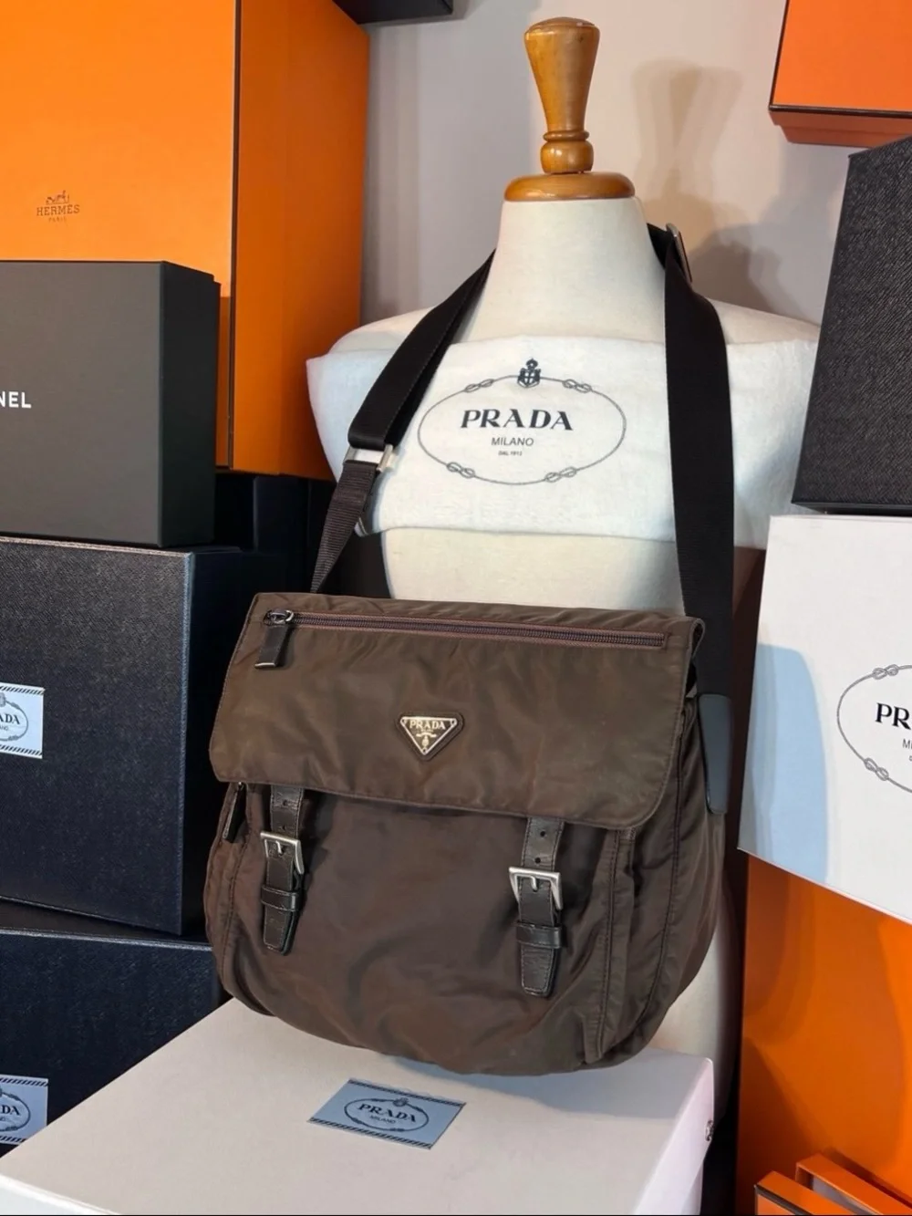 Prada Dark Brown Nylon Crossbody Messenger Bag